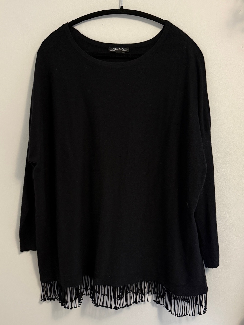 CHARLIE B Black Long-Sleeve Fringe-Hem Pullover